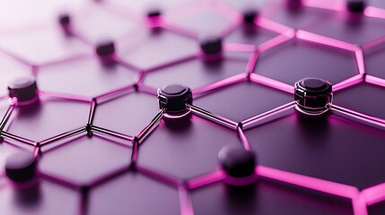 Abstract network of pink hexagonal nodes and connections.