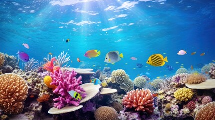 Naklejka premium Underwater Scene with Colorful Coral Reefs and Tropical Fish Swimming in Crystal Clear Ocean Waters Near the Ocean Surface Under Sunlight