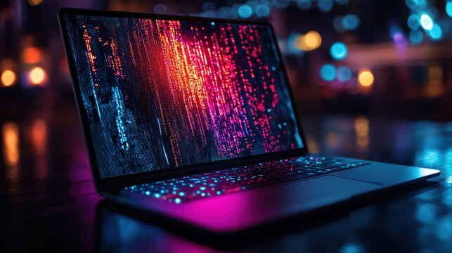 A laptop with a colorful screen displaying a pattern of lights