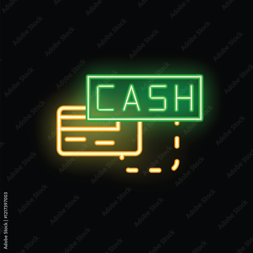 Poster bright neon sign showing a credit card converting to cash with a dashed line