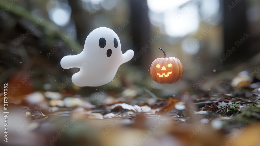 Poster playful ghost floating near smiling pumpkin in enchanted autumn forest setting