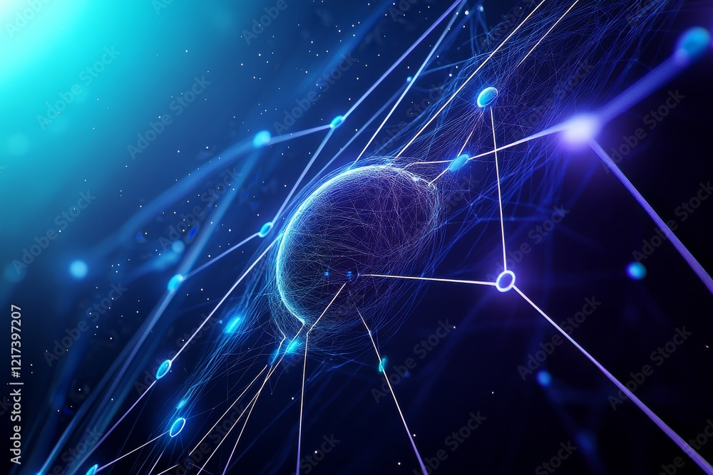 Poster an abstract digital representation of interconnected nodes and a central sphere, suggesting themes o