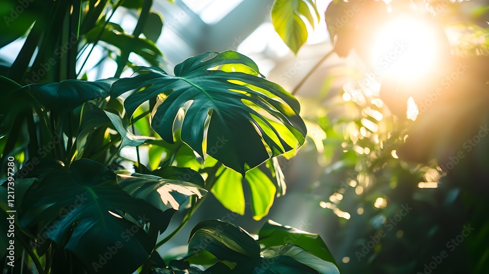 Poster Lush Greenery with Sunlight Filtering Through Leaves in a Tranquil Botanical Environment Reflecting Nature's Beauty and Serenity