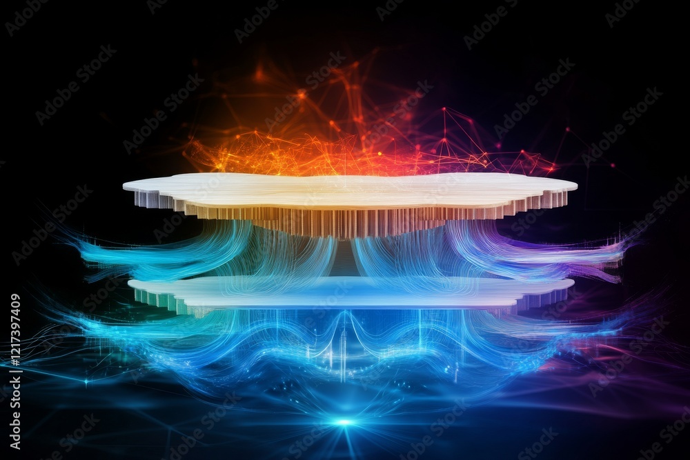 Poster A vibrant, digital depiction of floating layers emitting colorful waves of light against a dark background, creating an ethereal atmosphere.