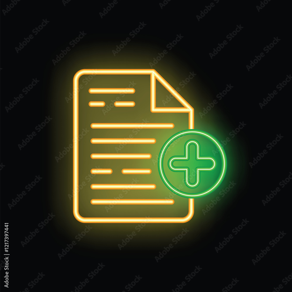 Poster glowing neon icon of a document with lines of text and a plus sign for adding content