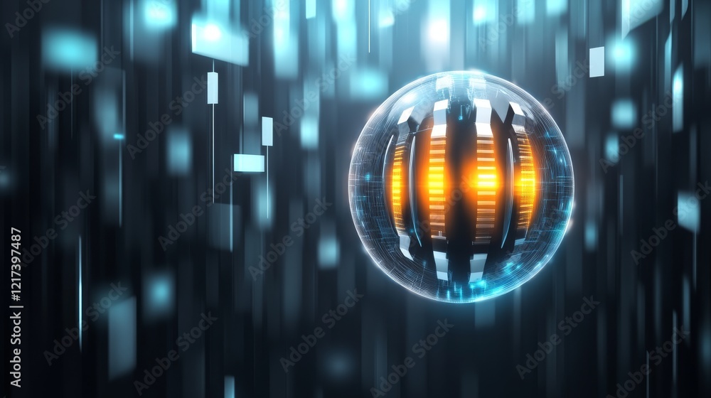 Poster a glowing spherical object with orange highlights, surrounded by dynamic digital elements, evokes a 
