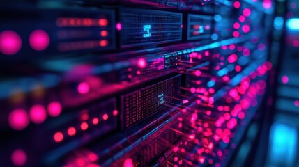 A computer server rack with a purple and blue hue