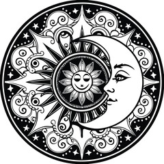 Sun and Moon Mandala
An intricate mandala design featuring a sun and moon intertwined with celestial patterns. Adobe Illustrator Artwork