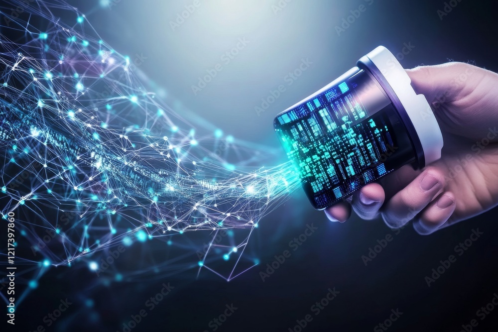 Poster a hand holds a container emitting a stream of digital data, symbolizing technology, innovation, and 