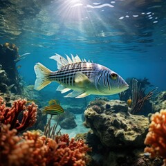 Vibrant Underwater Scene Featuring Colorful Coral Reef and Striped Fish Swimming in Clear Blue Ocean Water with Sunlight Entering from Above