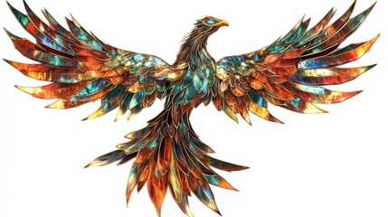 Obraz premium Colorful phoenix bird with outstretched wings, intricate details, gemstone-like feathers.