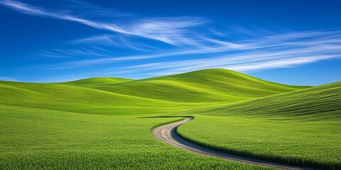 Obraz premium Winding road through green hills, sunny sky. Nature landscape, travel, idyllic scene