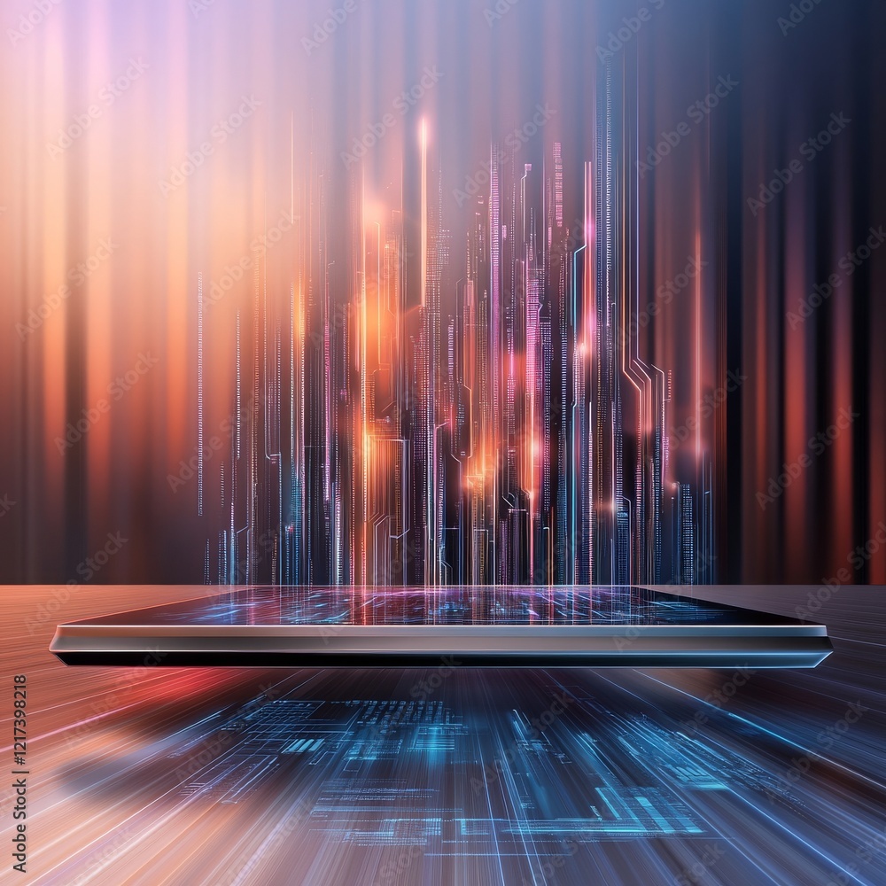 Poster a futuristic laptop emits colorful data streams, symbolizing technology, innovation, and digital tra