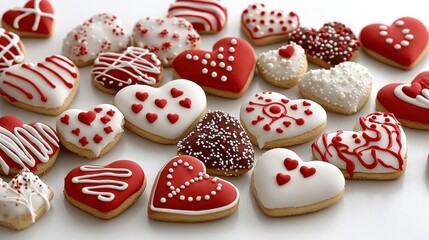Delicious Heart-Shaped Cookies Decorated with Red and White Icing and Sprinkles