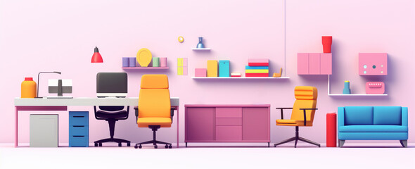 Home Office Interior with Stylish Furniture and Vibrant Decoration, Featuring Desk, Chairs, Bookshelves, and Decorative Accessories in a Pink Environment