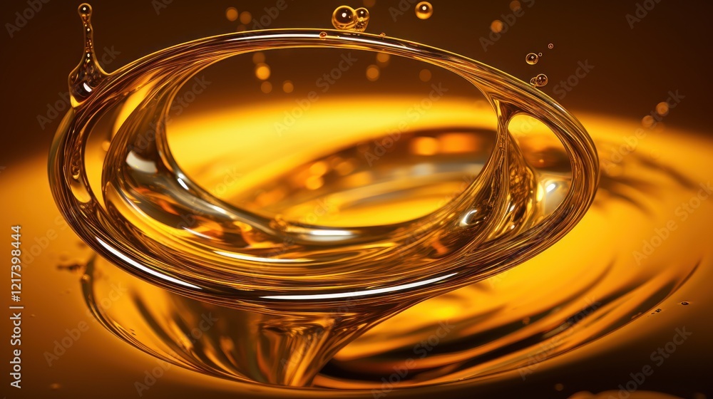 Poster golden liquid swirl with droplets and reflections on a smooth surface, creating an ethereal and eleg