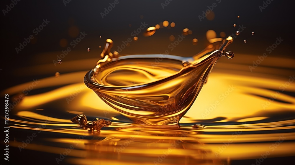 Poster close-up of golden liquid splashing in a shallow bowl creating beautiful ripples against a dark back