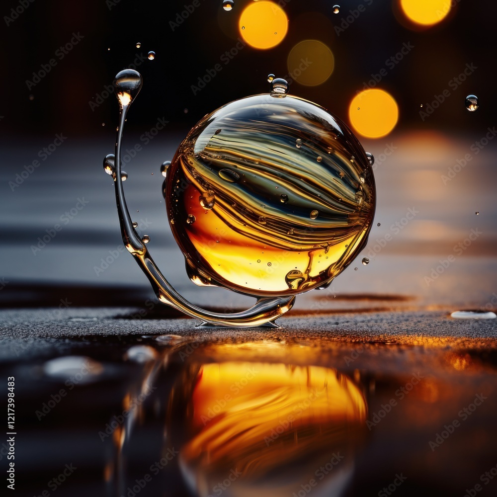 Poster close-up of a droplet sphere reflecting light with beautiful swirls and bokeh effect on a wet surfac