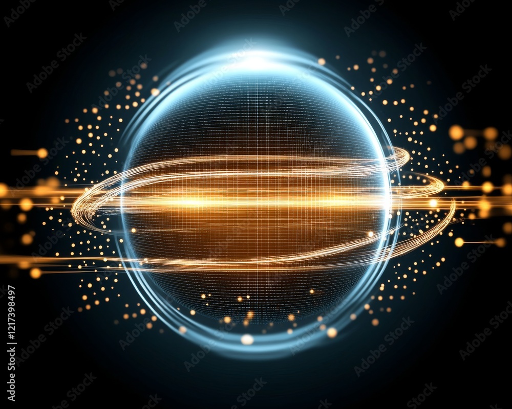 Poster a glowing sphere surrounded by dynamic light trails and particles, symbolizing energy and motion in 
