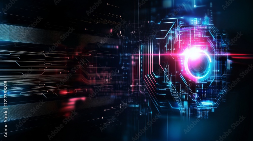 Poster a vibrant digital background featuring intricate circuits and glowing elements, creating a futuristi