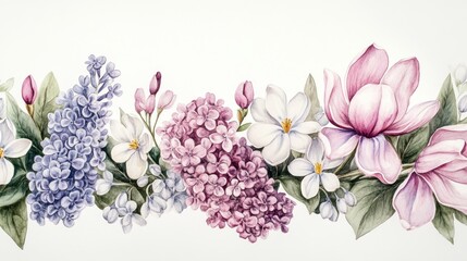 Obraz premium Watercolor floral border with lilac, magnolia, and apple blossoms.