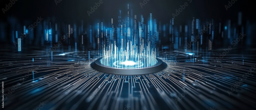 Poster a futuristic digital landscape featuring glowing blue data streams emanating from a central point, s