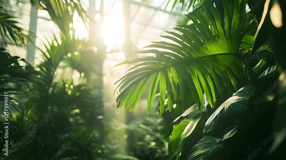 Aufkleber Lush Tropical Greenery with Sunlight Filtering Through Leaves, Creating a Serene and Inviting Atmosphere in a Vibrant Botanical Environment