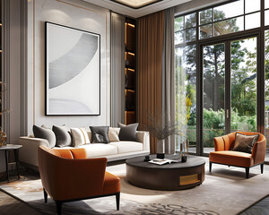 Living room wall poster mockup. Interior mockup with house background.