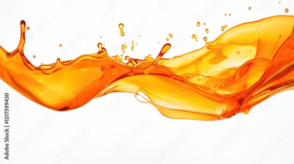 Poster splash of orange liquid captured in motion with dynamic waves and droplets against a white backgroun