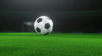 A close-up of a soccer ball hovering over a grassy field.