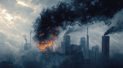 Fototapeta premium Abstract artistic swirl of PM2.5 particles integrating into urban life imagery, combining human and industrial elements.