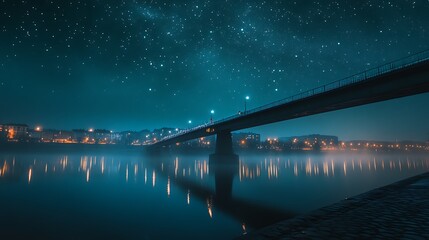 Fototapeta premium A serene night view of a bridge reflecting in a calm river under a starry sky.