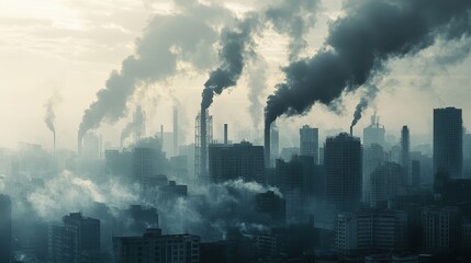 Obraz premium Abstract artistic swirl of PM2.5 particles integrating into urban life imagery, combining human and industrial elements.