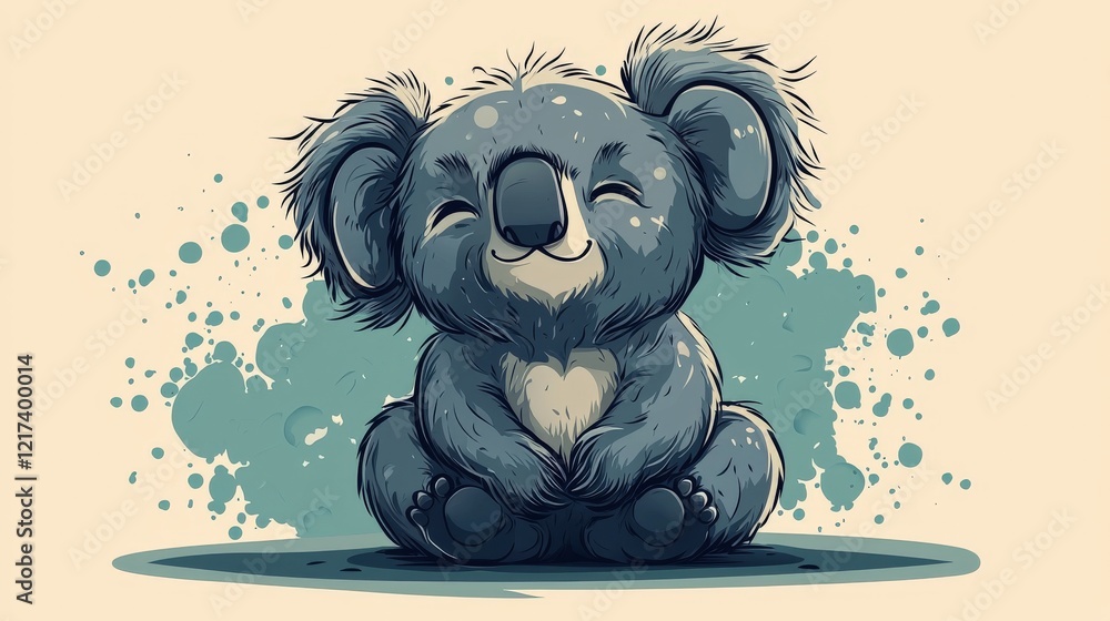 Poster cute cartoon koala character with a cheerful expression sitting against a colorful splash background