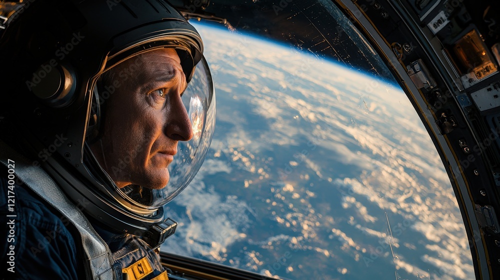 Poster astronaut gazing out of spacecraft window at earth from outer space with clouds and curvature of the