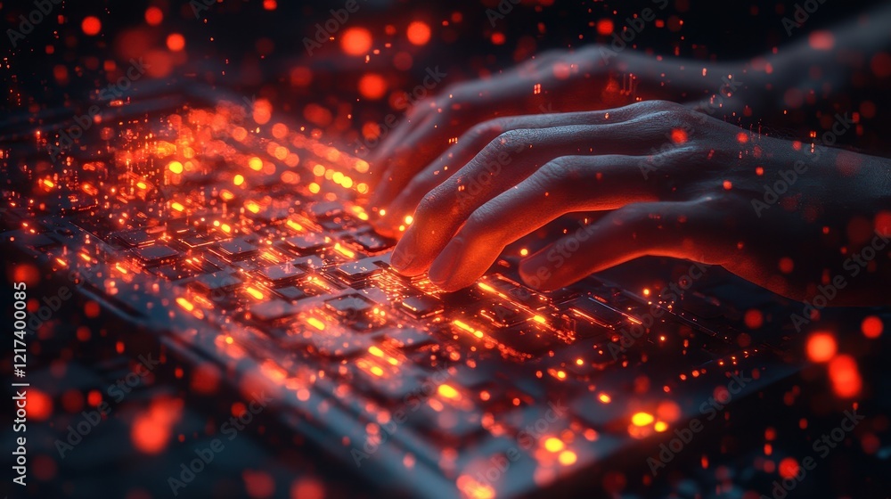 Poster hands typing on a glowing keyboard with vibrant spark effects.