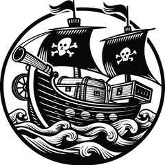Fototapeta premium Pirate Ship Adventure A detailed pirate ship sailing through waves with skull flags, cannons, and a treasure chest on deck. Adobe Illustrator Artwork
