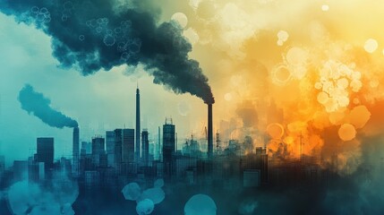 Obraz premium Abstract artistic swirl of PM2.5 particles integrating into urban life imagery, combining human and industrial elements.