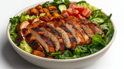 A fresh and colorful fast food salad with grilled chicken, vibrant mixed greens, tomatoes, and crunchy croutons, elegantly displayed in a bowl on a white background.