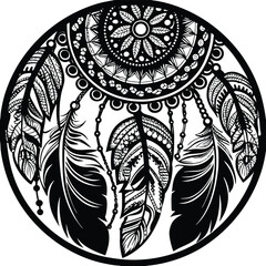 Dreamcatcher with Feathers
An intricate line art of a dreamcatcher with detailed feathers, beads, and patterns for coloring. 
Adobe Illustrator Artwork