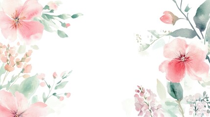 Watercolor floral frame with pink and peach flowers, leaves, and buds on white background.