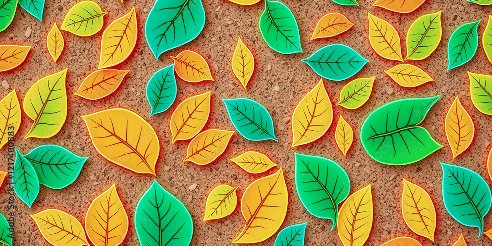 Poster a colorful leaf pattern is displayed on a brown surface. the leaves are made of plastic and are arra