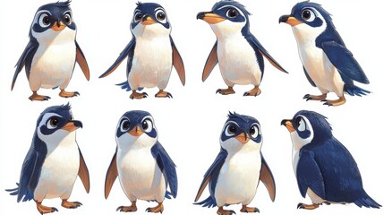 Colorful Cartoon Penguins Displaying Various Poses and Expressions Ideal for Children’s Illustrations and Designs