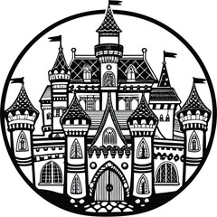 Fototapeta premium Whimsical Fairytale Castle A detailed line art of a whimsical fairytale castle with towers, flags, and intricate architectural elements for coloring enthusiasts. Adobe Illustrator Artwork