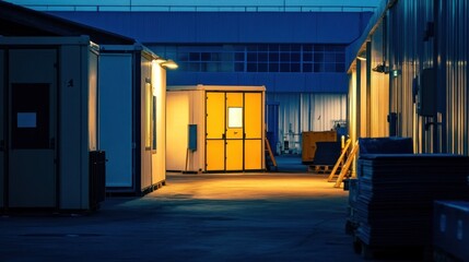 Illuminated industrial night alleyway with containers.