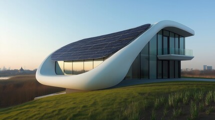 A large, curved building with solar panels on the roof