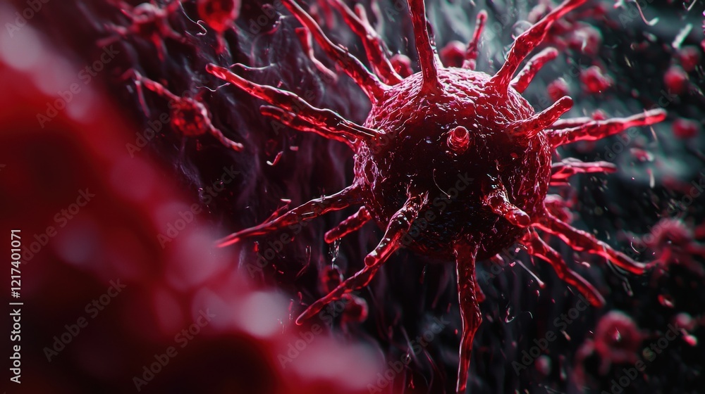 Aufkleber close-up view of a red virus cell surrounded by abstract biological elements in a high-resolution il