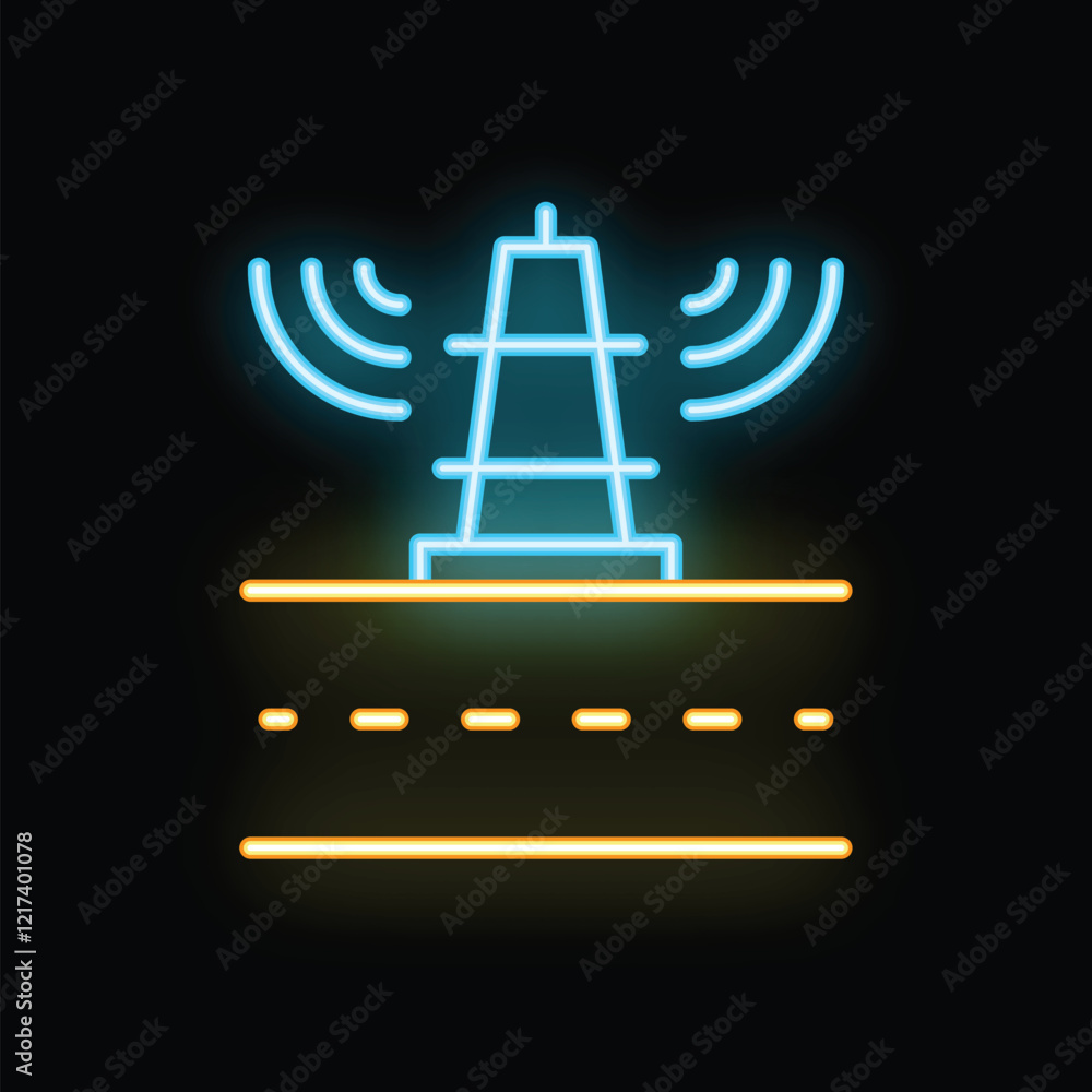 Poster neon icon of a telecommunication tower transmitting signals over a road, symbolizing wireless commun