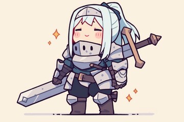 Obraz premium Adorable Chibi Knight Girl With Large Sword