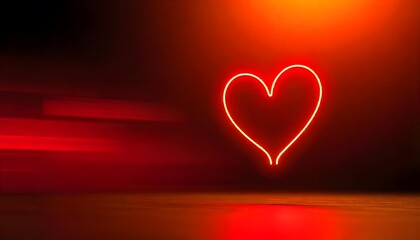 A glowing neon red heart shines brightly against a dark and blurred red background